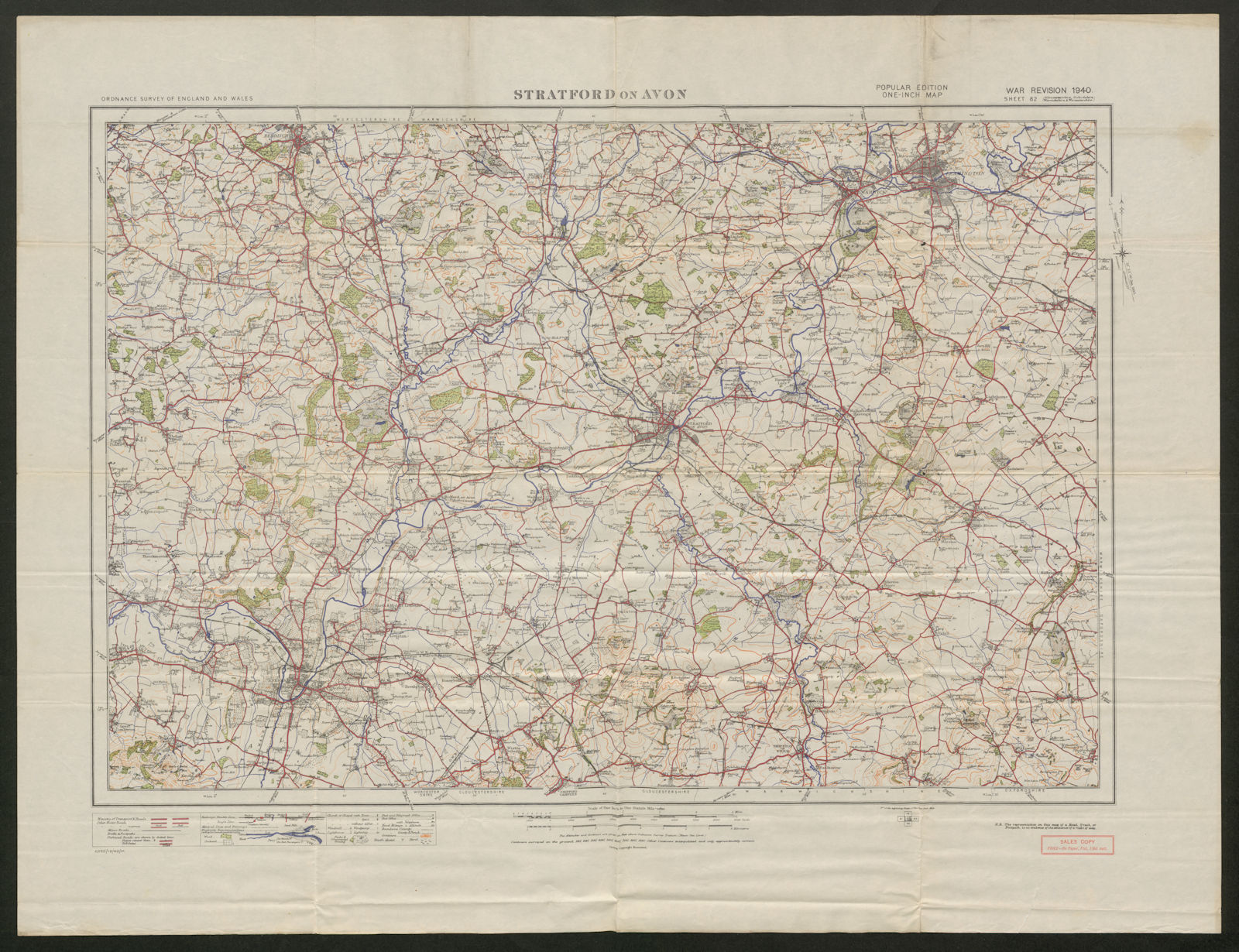 War Revision Sheet 82 STRATFORD ON AVON. Warwick. ORDNANCE SURVEY 1940 old map