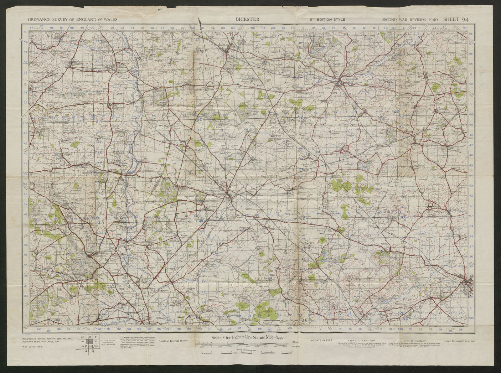 War Revision Sheet 94 BICESTER. Woodstock Aylesbury. ORDNANCE SURVEY 1941 map