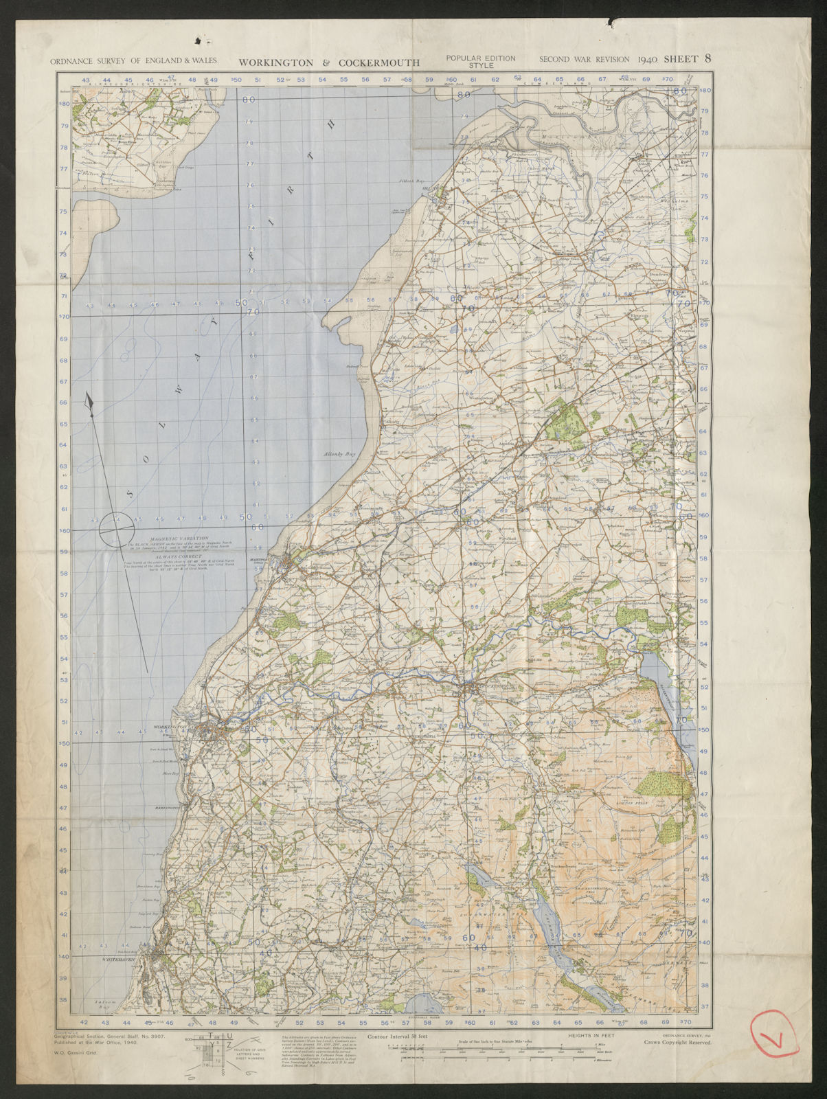 War Revision Sheet 8 WORKINGTON & COCKERMOUTH. ORDNANCE SURVEY 1940 old map