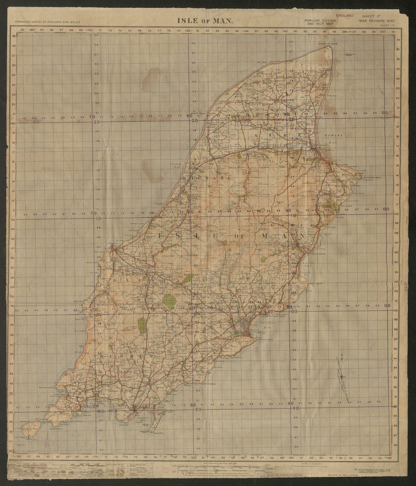 War Revision Sheet 17 ISLE OF MAN. Douglas Peel Ramsay. ORDNANCE SURVEY 1940 map