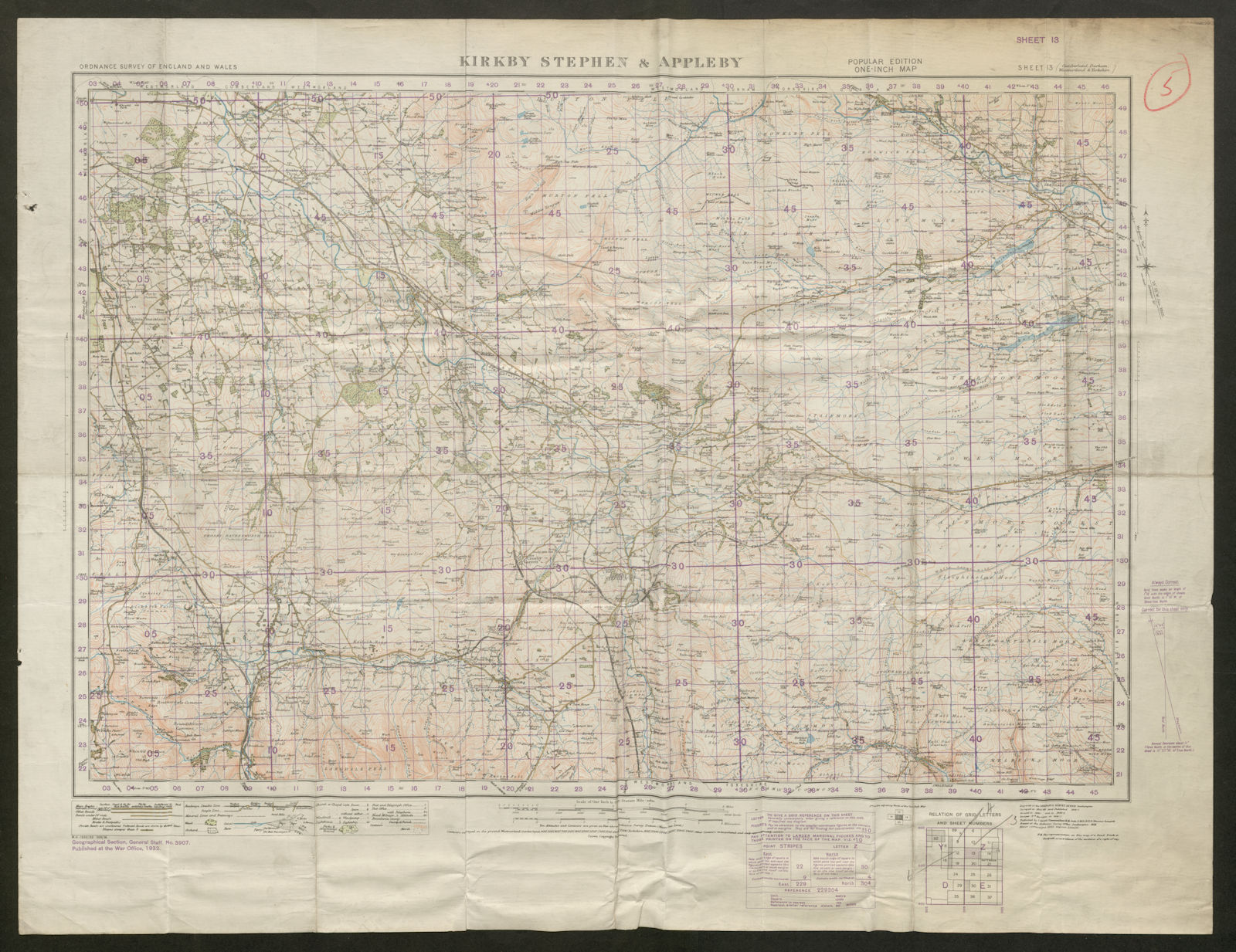 Sheet 13 KIRKBY STEPHEN & APPLEBY. Teesdale Langdale. ORDNANCE SURVEY 1932 map