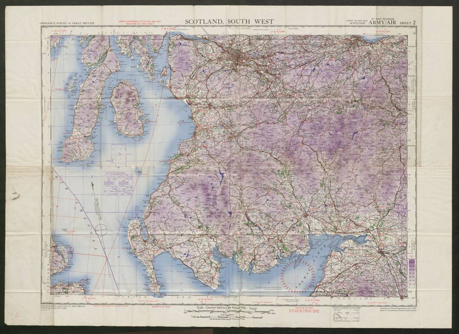 War Revision Army/Air Sheet 2 SCOTLAND SOUTH WEST. ORDNANCE SURVEY 1943 map