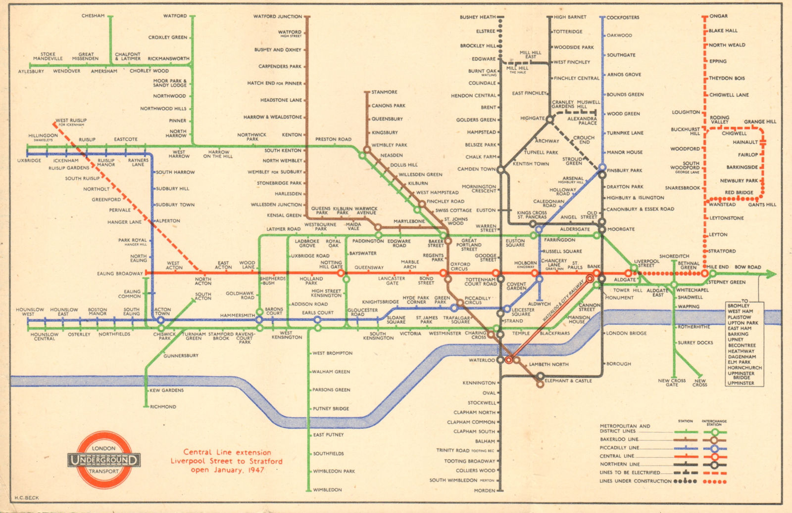 LONDON UNDERGROUND tube map plan diagram. Central Line extension. BECK #1 1946