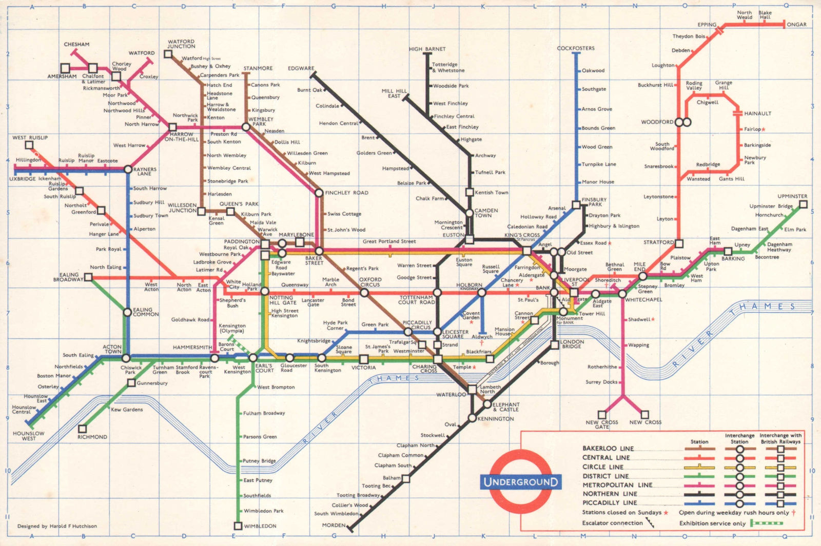 LONDON UNDERGROUND tube map plan. 1st HARRY HUTCHISON version. September 1961