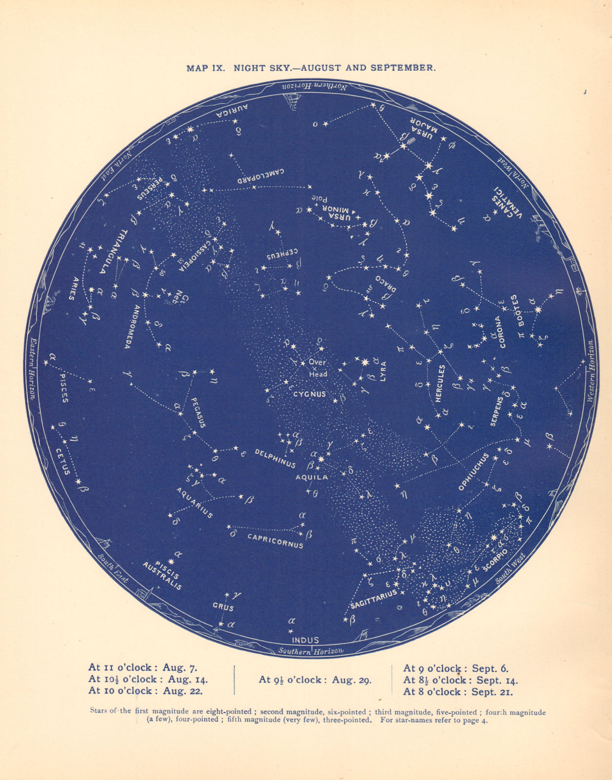 STAR MAP IX. The Night Sky. August-September. Astronomy. PROCTOR 1887 old
