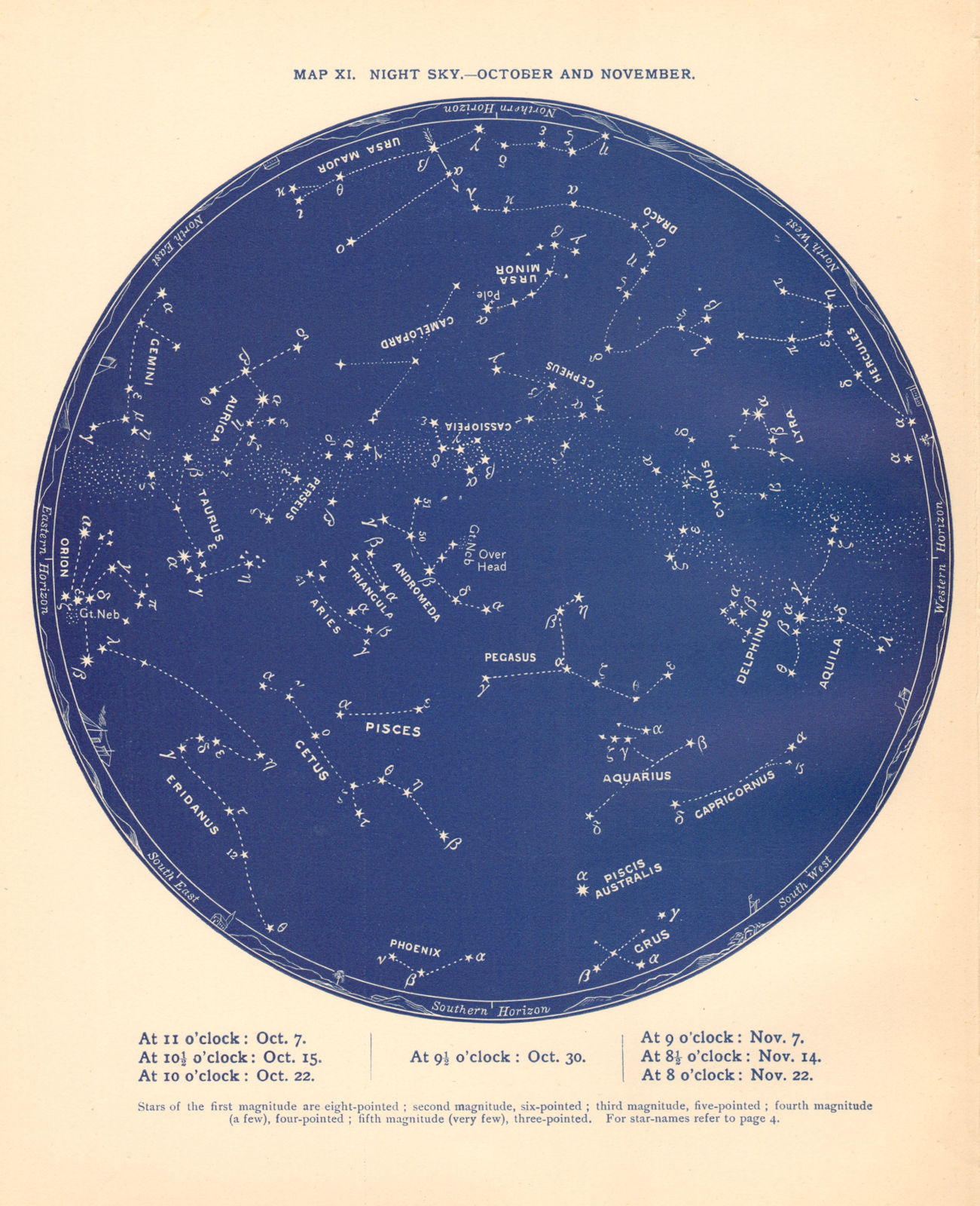 STAR MAP XI. The Night Sky. October-November. Astronomy. PROCTOR 1887 old