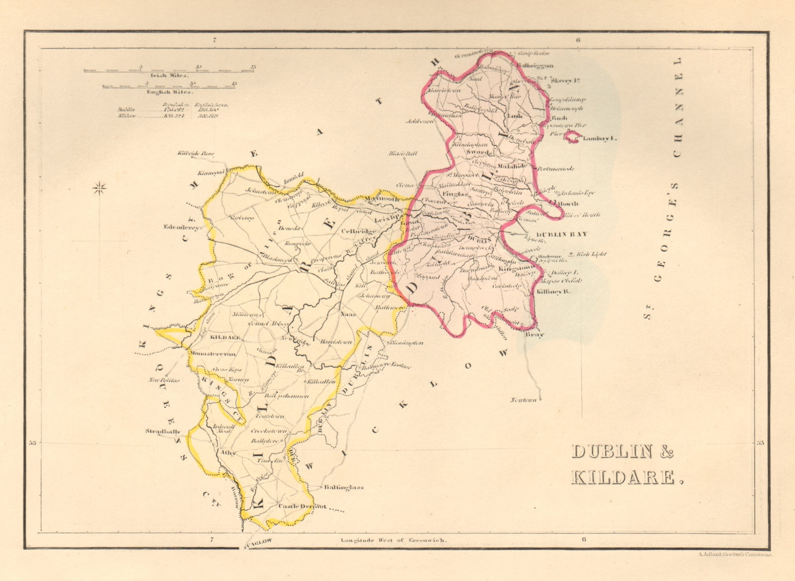 Antique DUBLIN & KILDARE county map by Alfred ADLARD. Ireland 1843 old