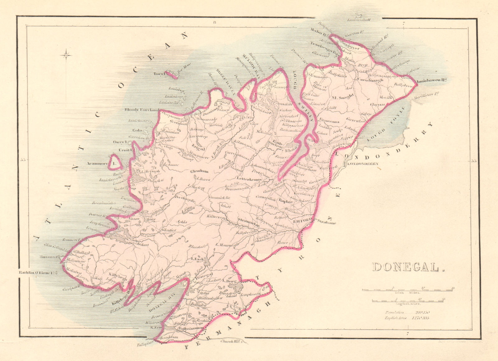 Antique DONEGAL county map by Alfred ADLARD. Ireland 1843 old