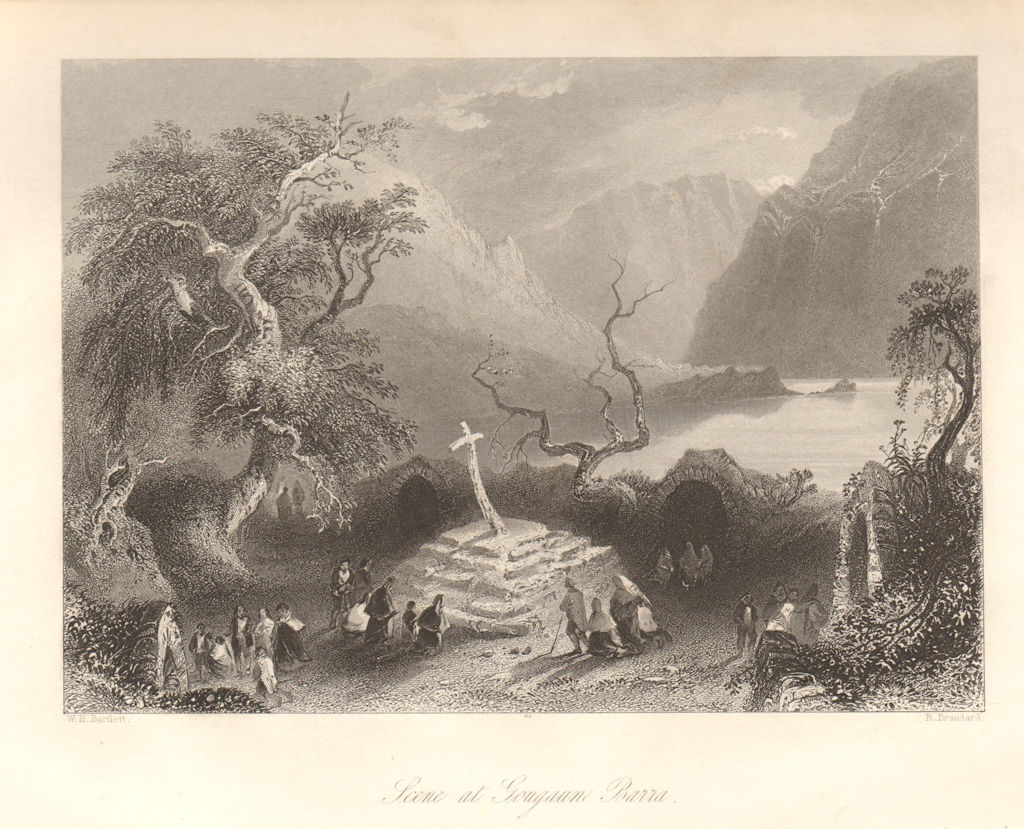 Scene at Gougane Barra, County Cork. Ireland 1843 old antique print picture