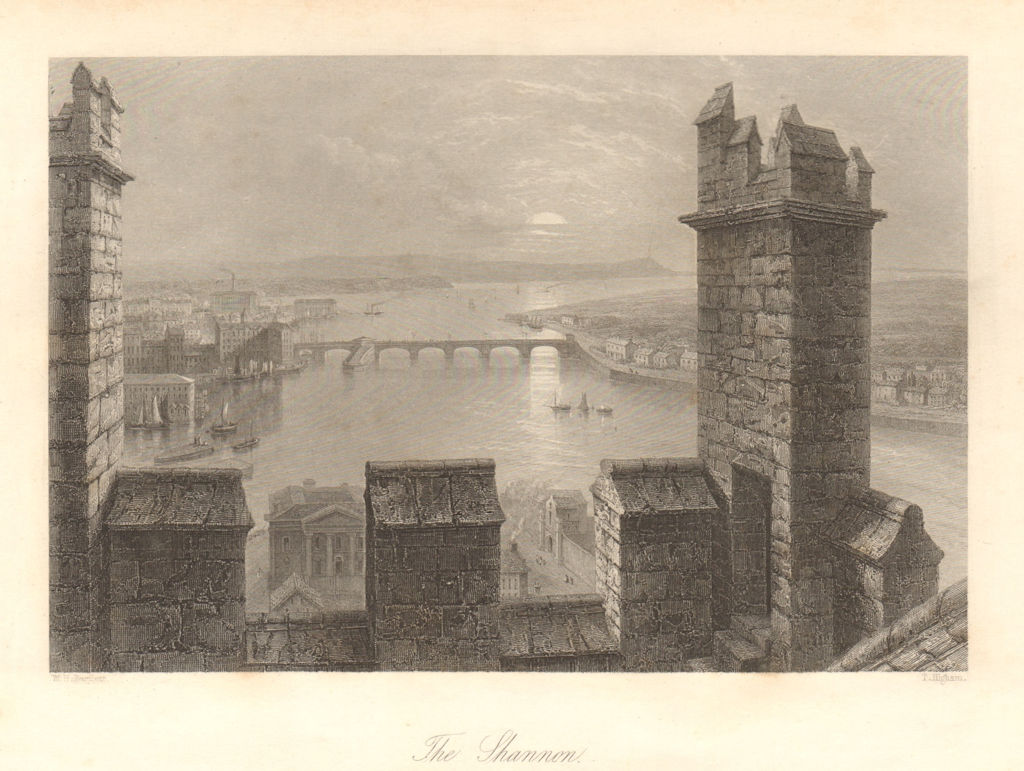 The Shannon from the Tower of Limerick Cathedral. Ireland 1843 old print