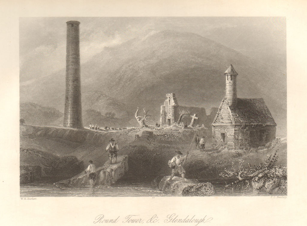 Round Tower &c. Glendalough, County Wicklow. Ireland 1843 old antique print