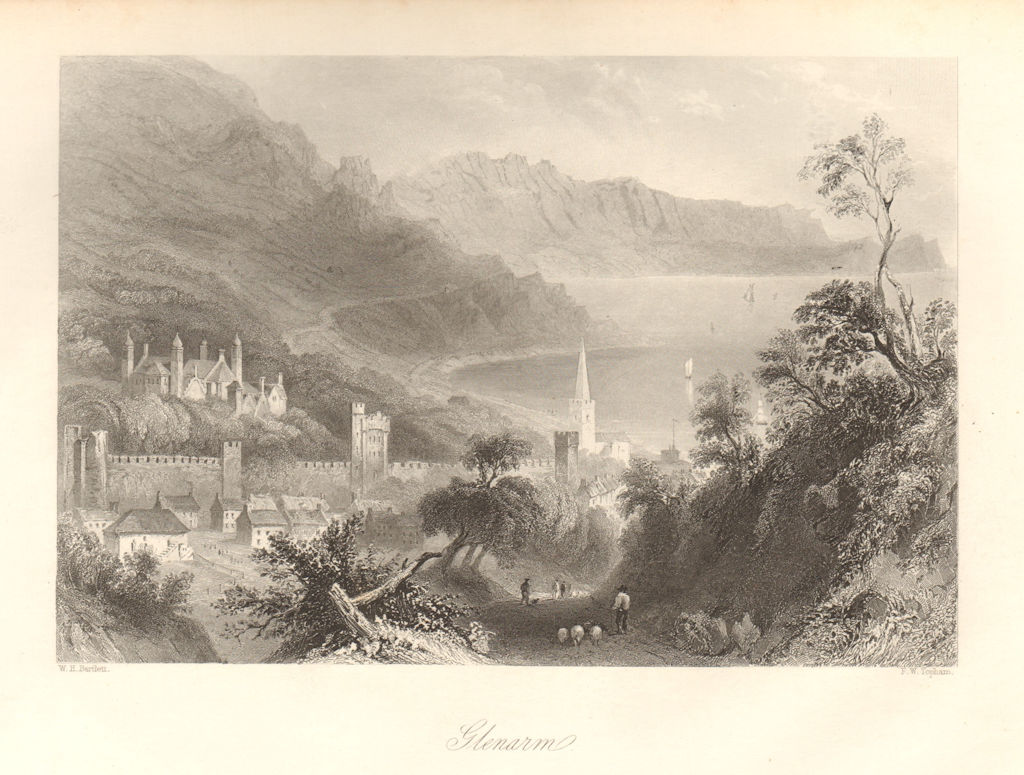 Glenarm & castle, County Antrim. Ireland Ulster 1843 old antique print picture