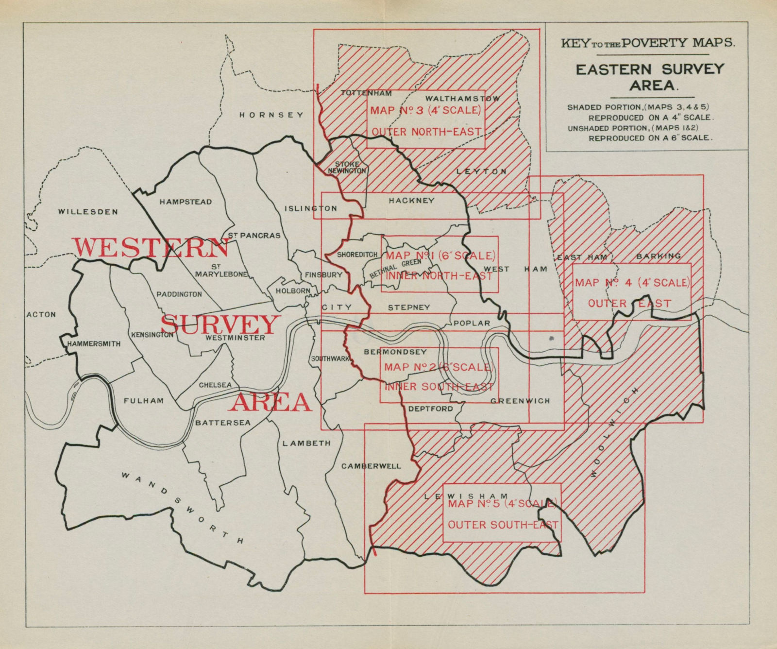 Key to Poverty Maps. Eastern Survey Area. London. Charles Booth / LSE 1931