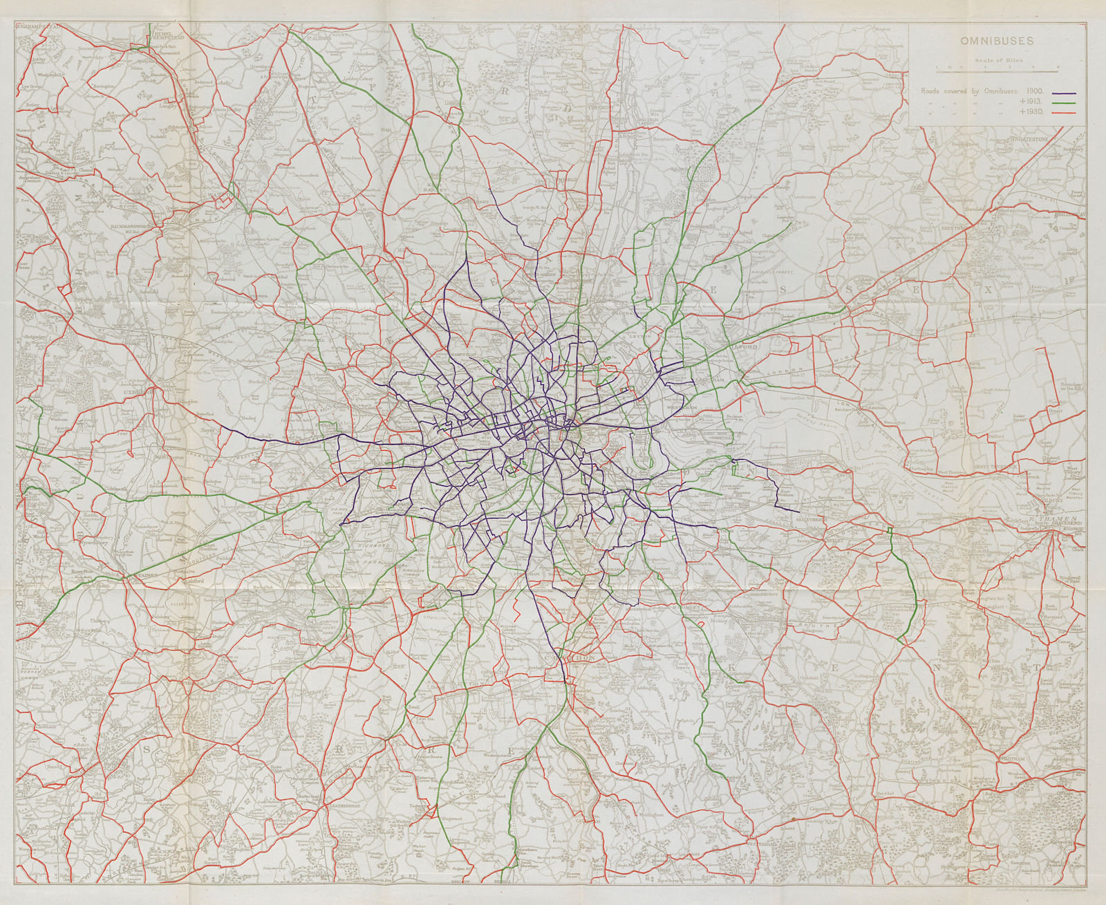 Associate Product London omnibus route development 1900-1930. STANFORD 1931 old vintage map