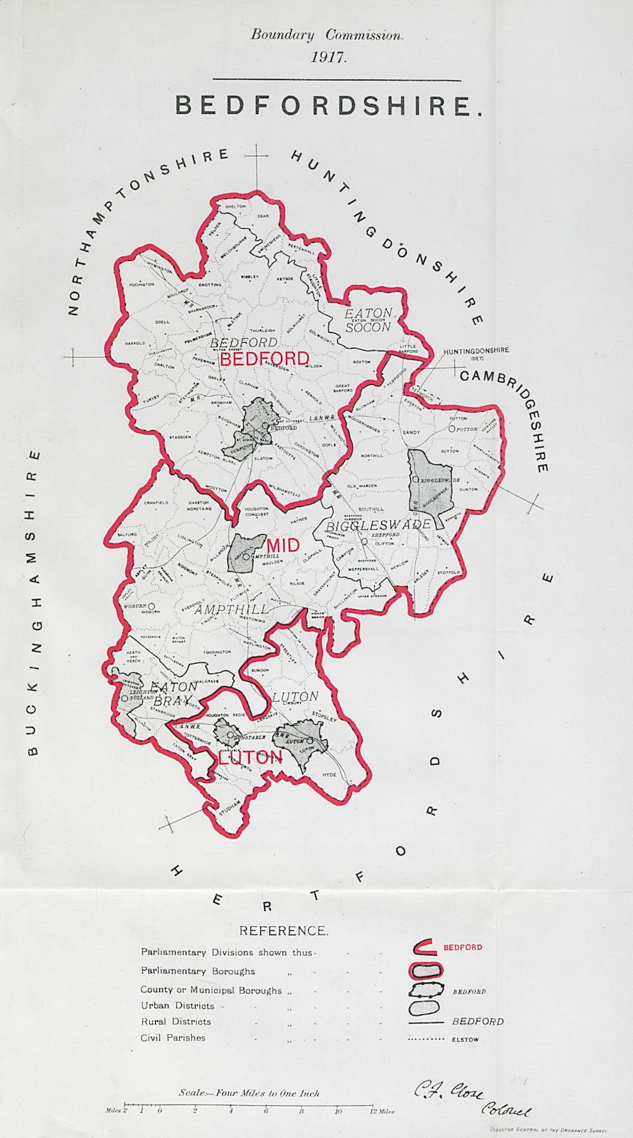 Bedfordshire Parliamentary County. BOUNDARY COMMISSION. Close 1917 old map
