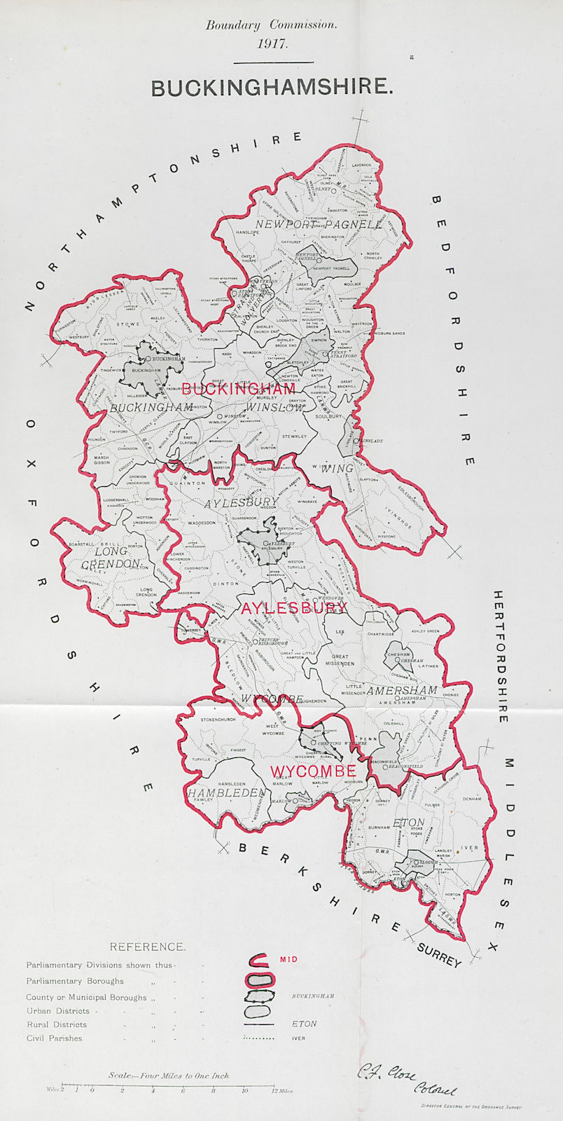 Associate Product Buckinghamshire Parliamentary County. BOUNDARY COMMISSION. Close 1917 old map