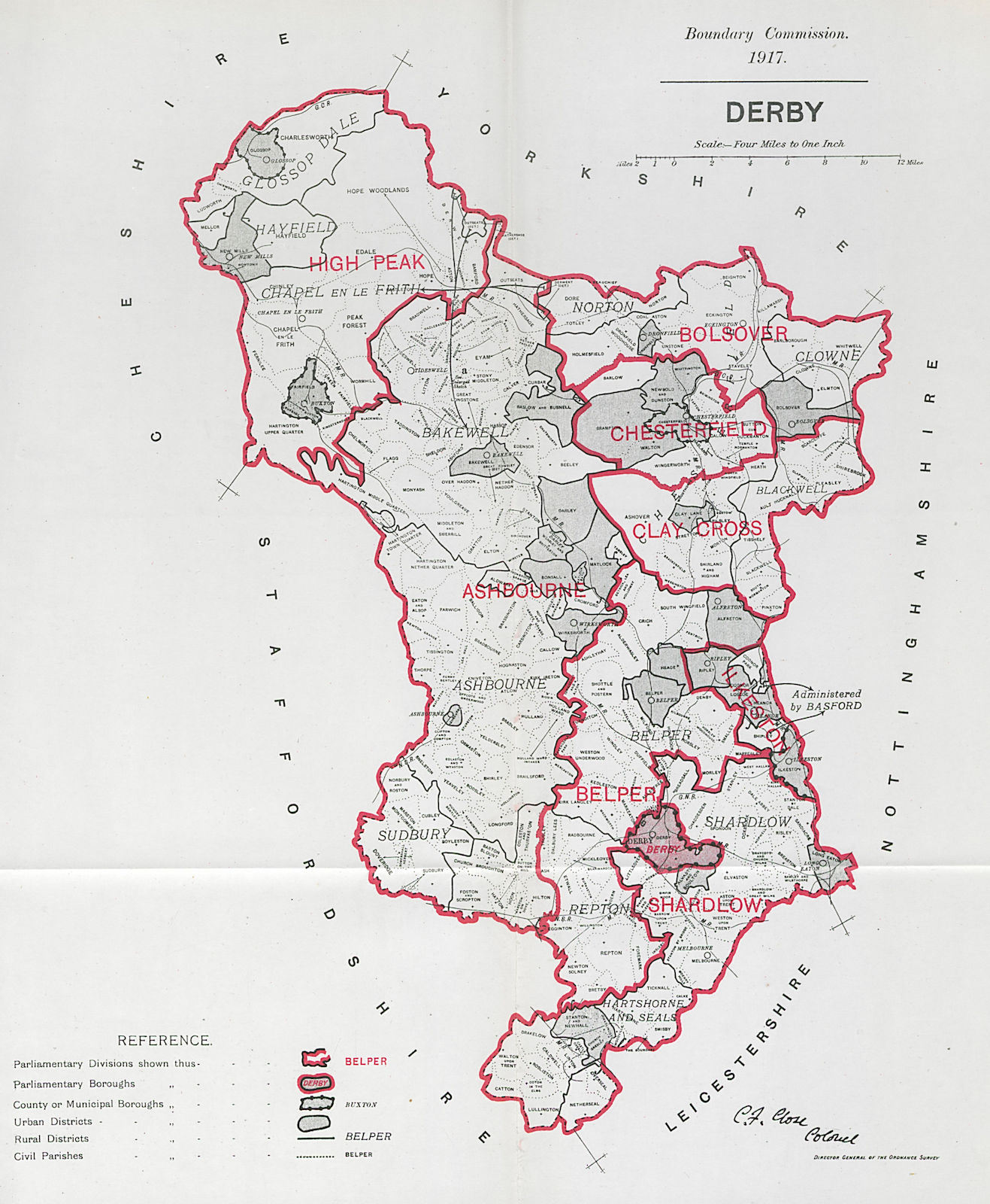 Derby Parliamentary County. Derbyshire. BOUNDARY COMMISSION. Close 1917 map
