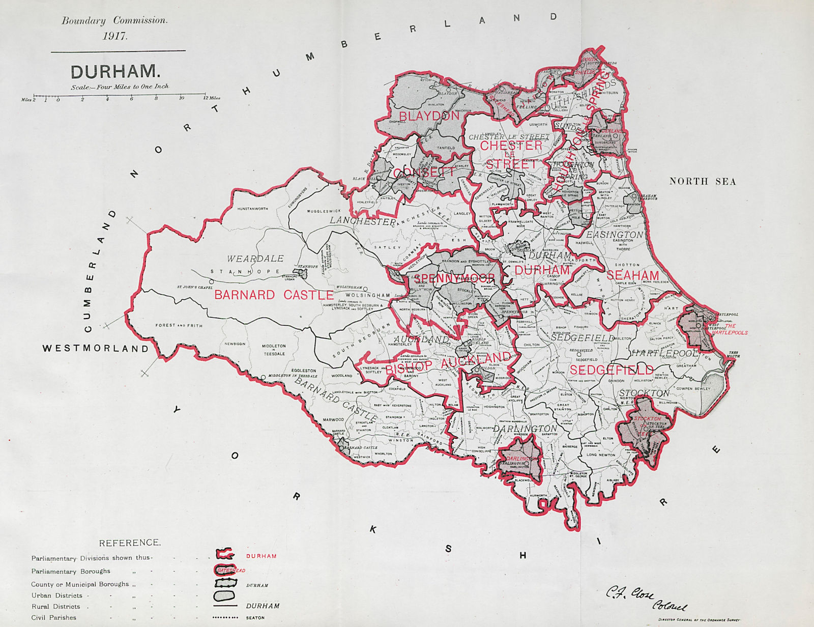 Durham Parliamentary County. BOUNDARY COMMISSION. Close 1917 old antique map