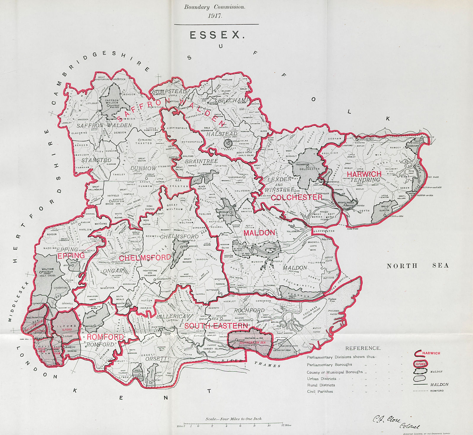 Associate Product Essex Parliamentary County. BOUNDARY COMMISSION. Close 1917 old antique map