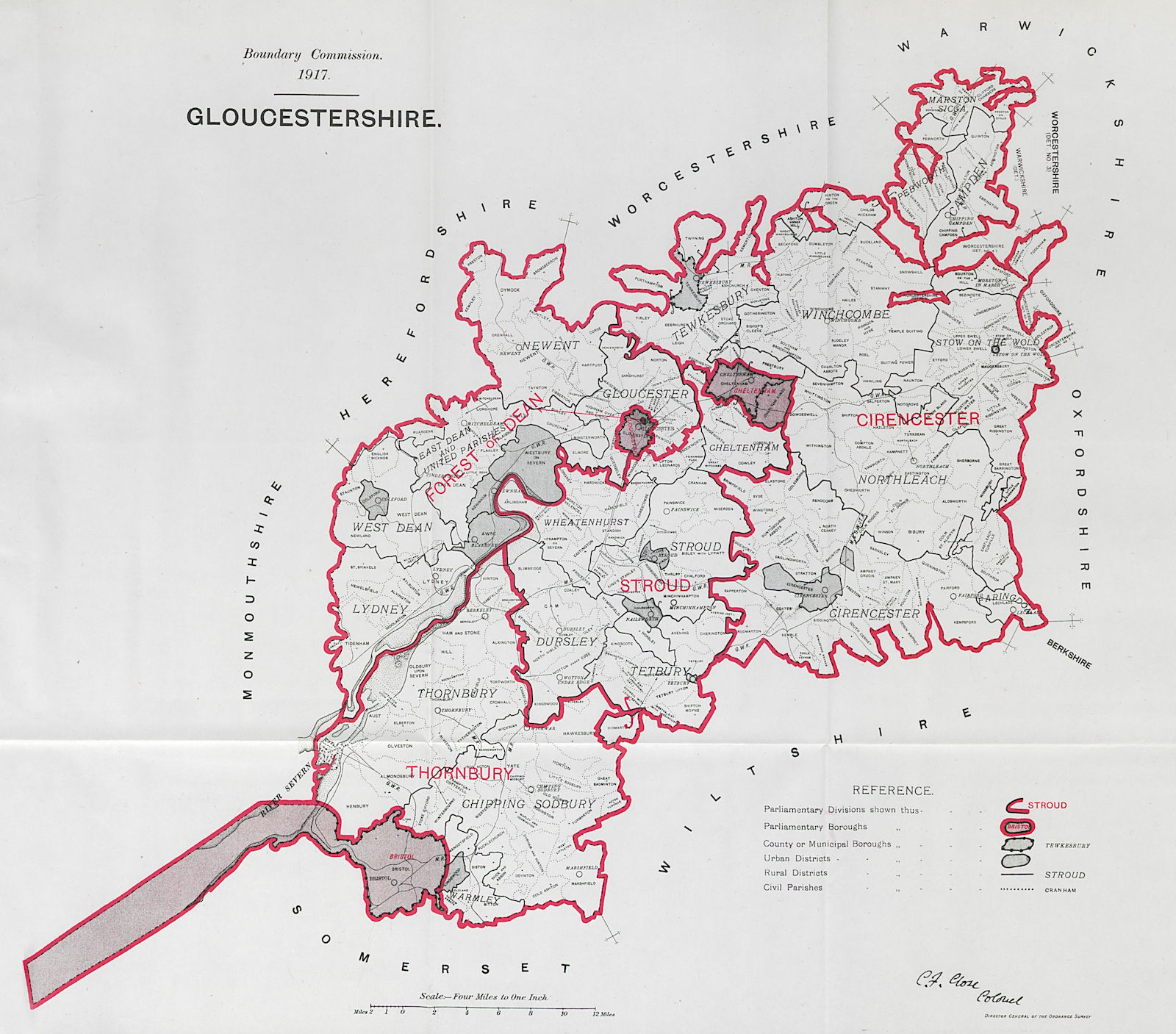 Associate Product Gloucestershire Parliamentary County. BOUNDARY COMMISSION. Close 1917 old map