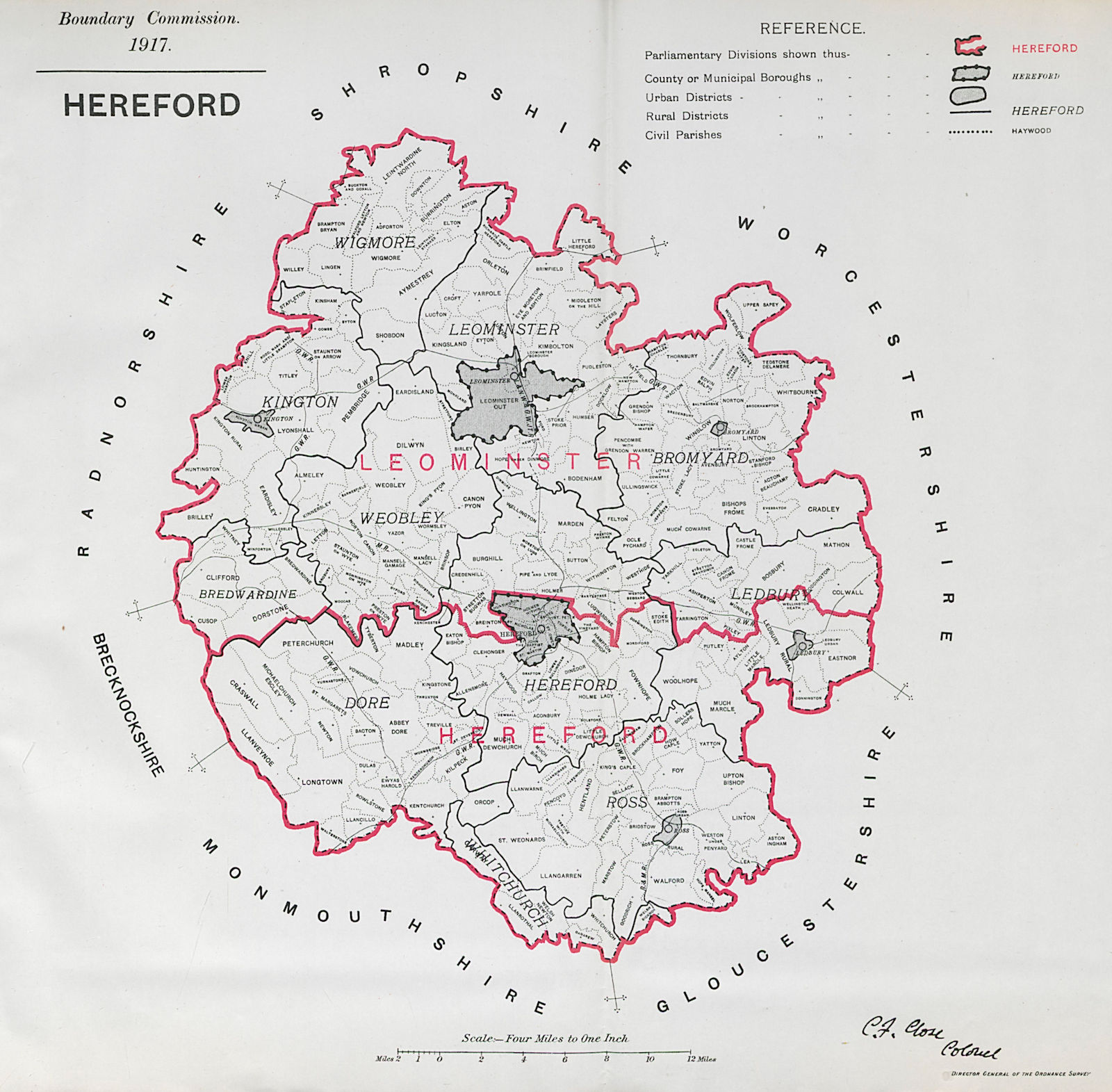 Associate Product Herefordshire Parliamentary County. BOUNDARY COMMISSION. Close 1917 old map
