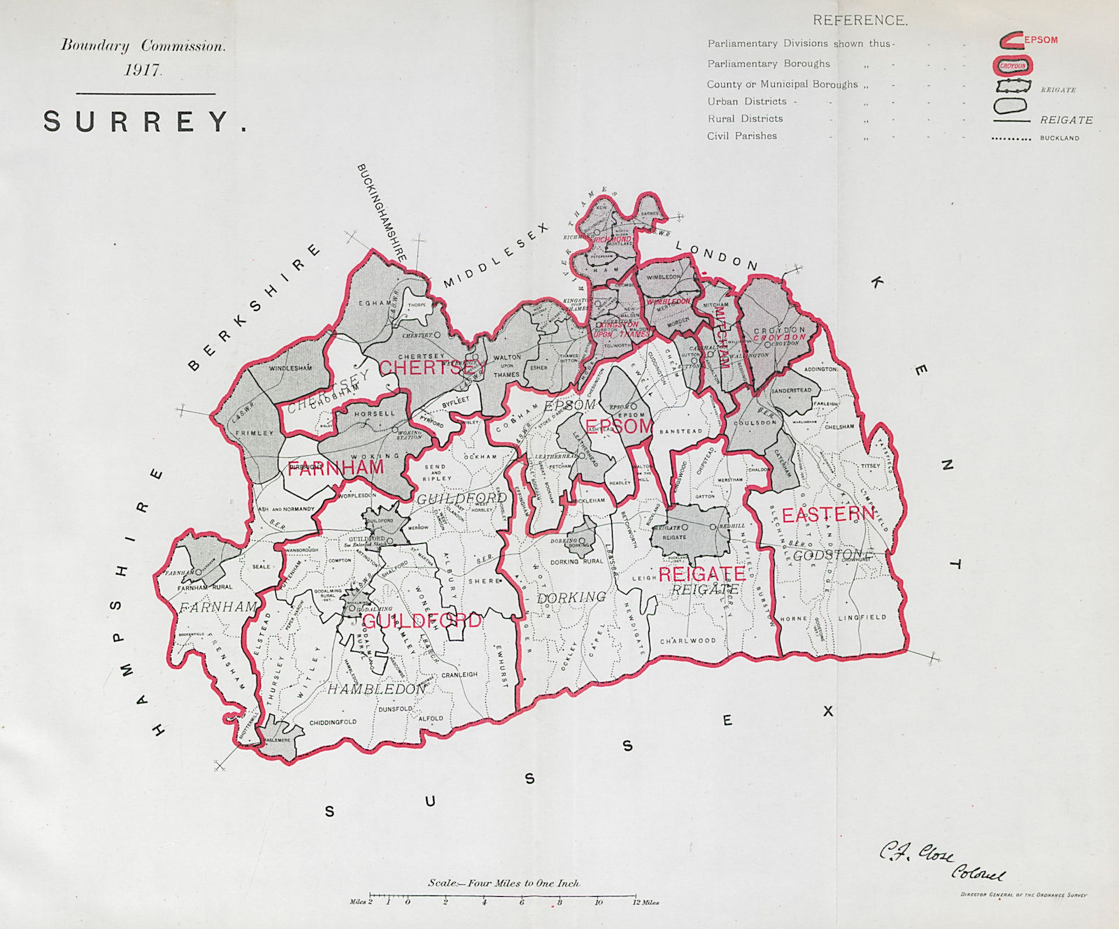 Associate Product Surrey Parliamentary County. BOUNDARY COMMISSION. Close 1917 old antique map