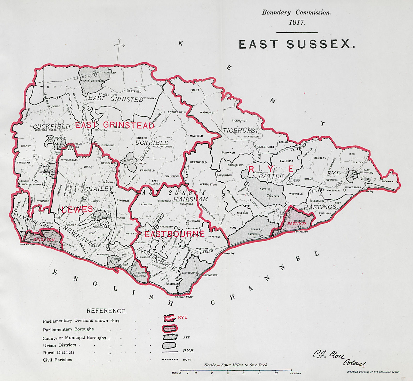 East Sussex Parliamentary County. BOUNDARY COMMISSION. Close 1917 old map