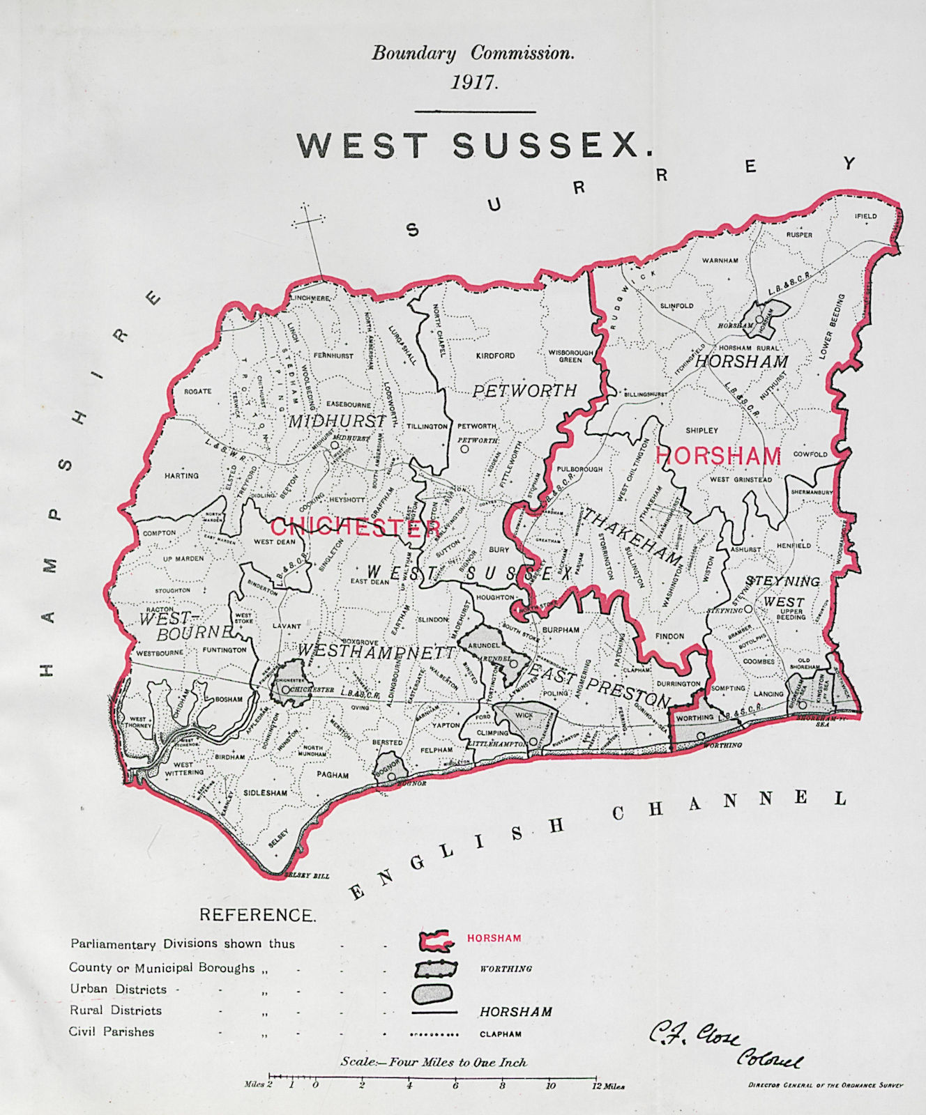 West Sussex Parliamentary County. BOUNDARY COMMISSION. Close 1917 old map