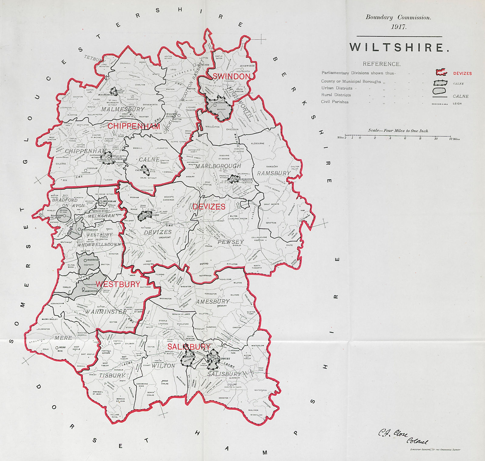 Wiltshire Parliamentary County. BOUNDARY COMMISSION. Close 1917 old map