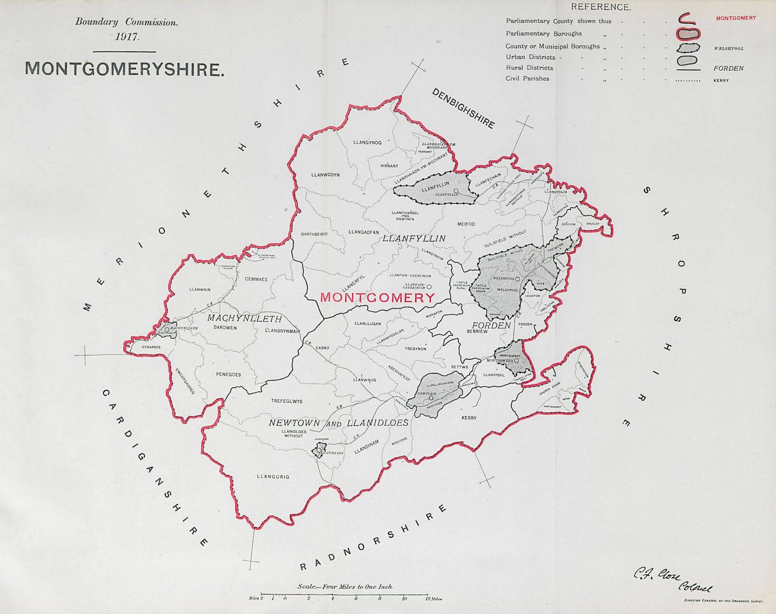 Montgomeryshire Parliamentary County. BOUNDARY COMMISSION. Close 1917 old map