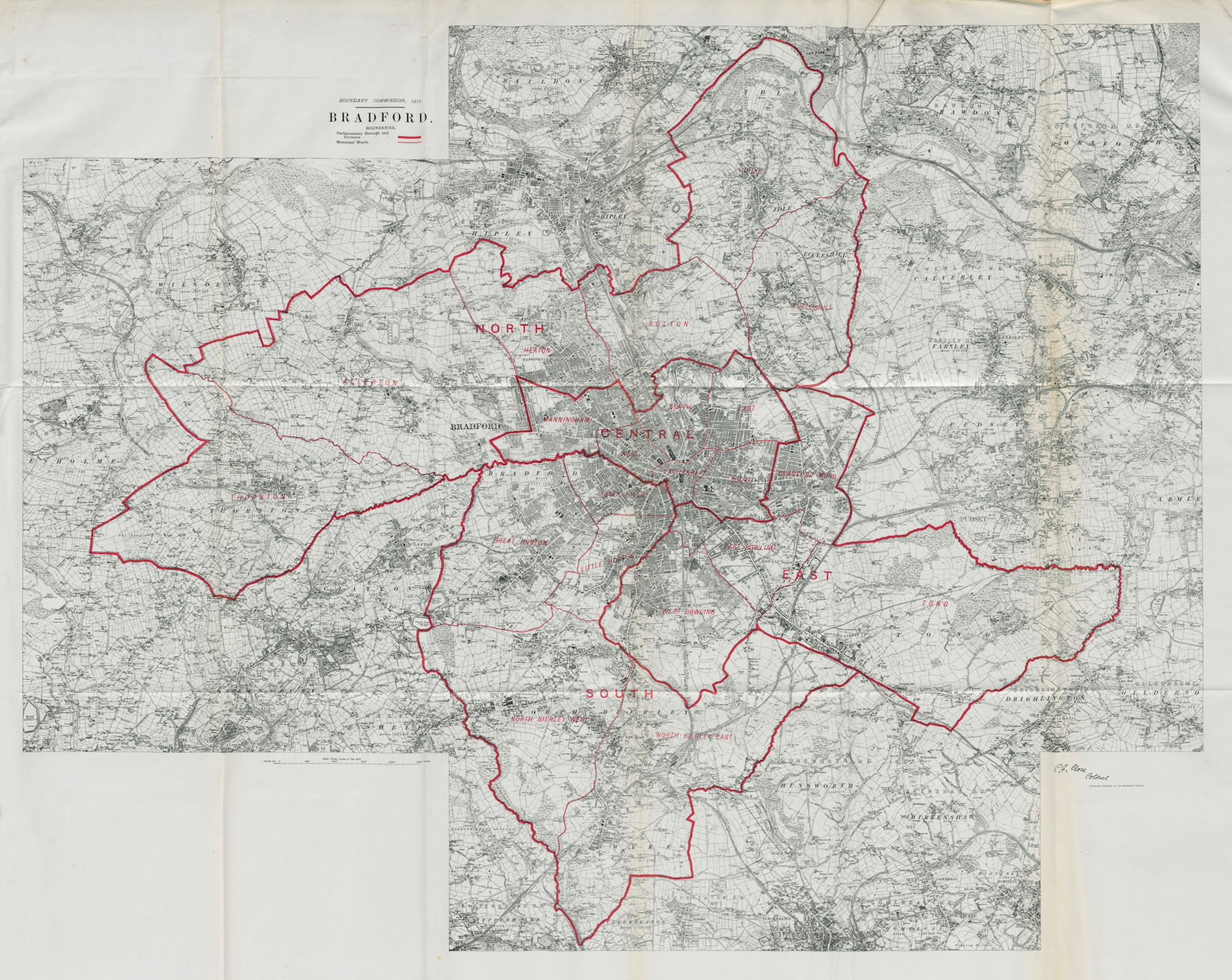 Bradford Parliamentary Borough. BOUNDARY COMMISSION. Close 1917 old map