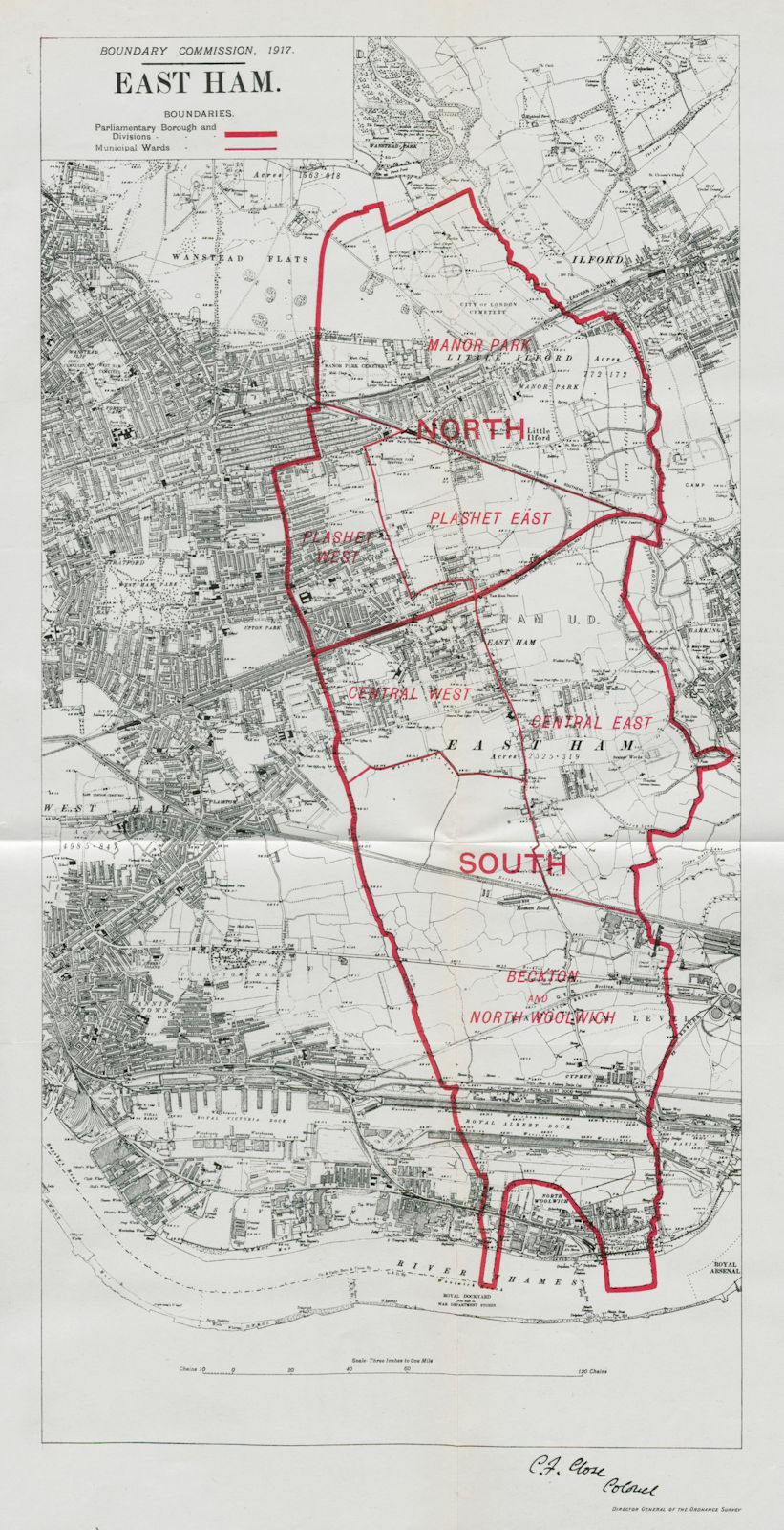 East Ham Parliamentary Borough. Beckton Woolwich. BOUNDARY COMMISSION 1917 map