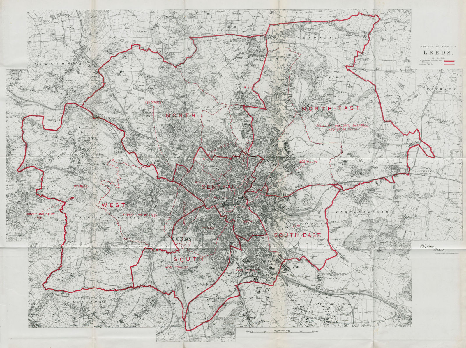 Leeds Parliamentary Borough. BOUNDARY COMMISSION. Close 1917 old antique map