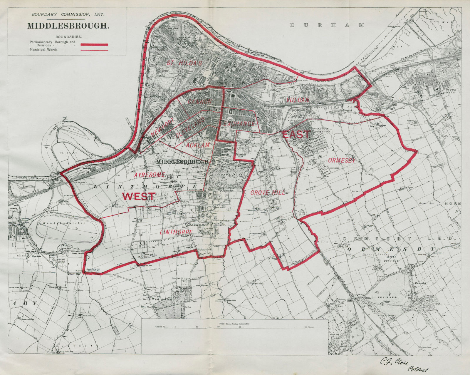 Middlesbrough Parliamentary Borough. Ormesby. BOUNDARY COMMISSION 1917 old map