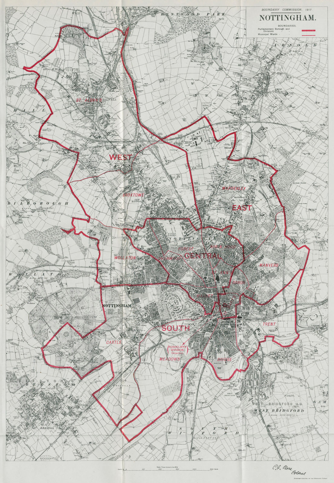 Nottingham Parliamentary Borough. Broxtowe Manvers BOUNDARY COMMISSION 1917 map