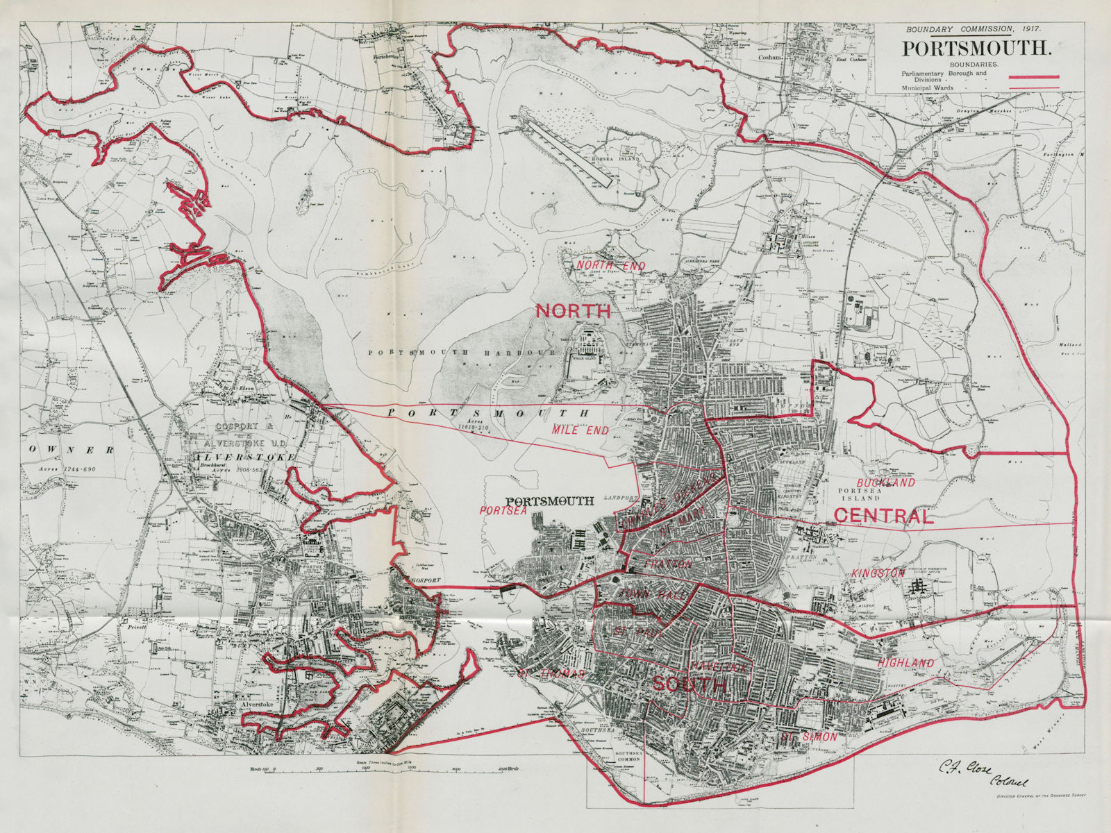 Portsmouth Parliamentary Borough. Gosport. BOUNDARY COMMISSION. Close 1917 map