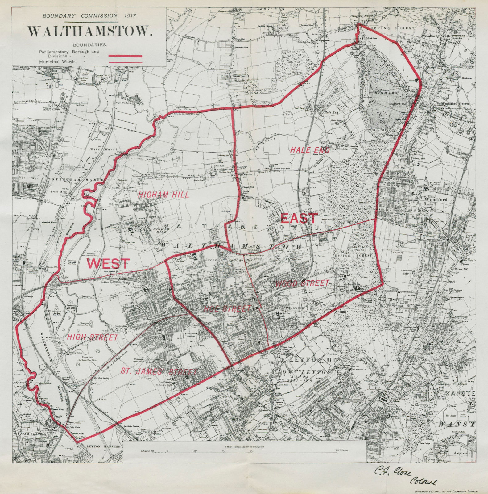 Walthamstow Parliamentary Borough. London. BOUNDARY COMMISSION. Close 1917 map