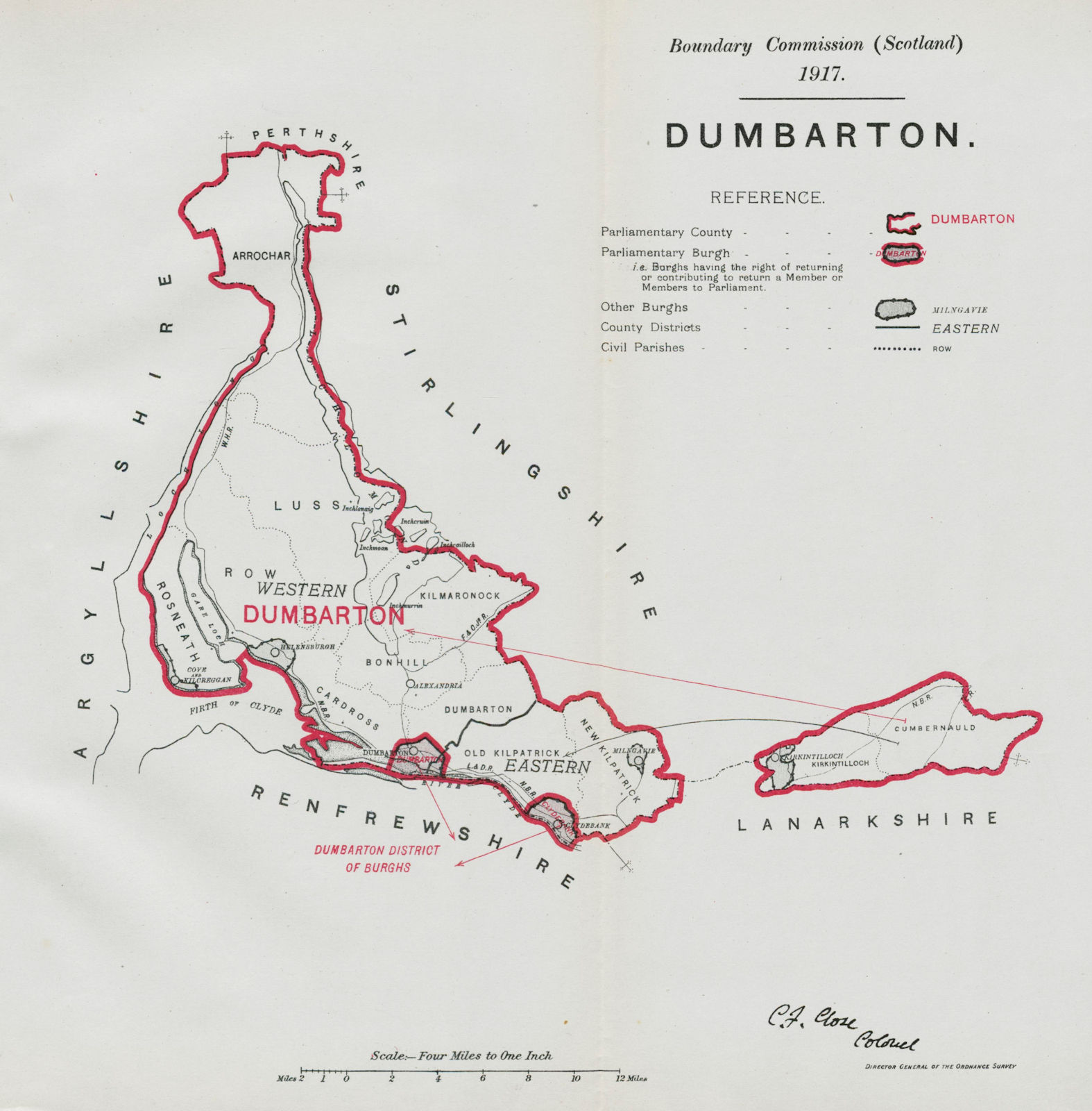 Associate Product Dumbarton Parliamentary County. Scotland. BOUNDARY COMMISSION. Close 1917 map
