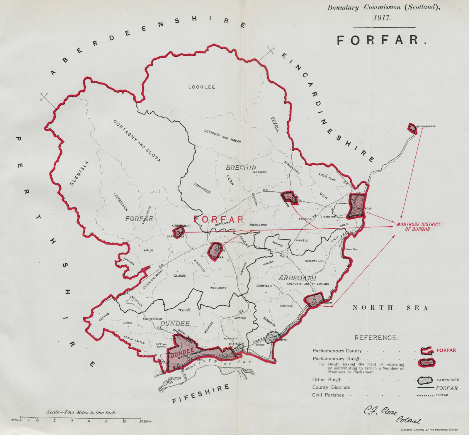 Forfar Parliamentary County. Scotland. BOUNDARY COMMISSION. Close 1917 old map
