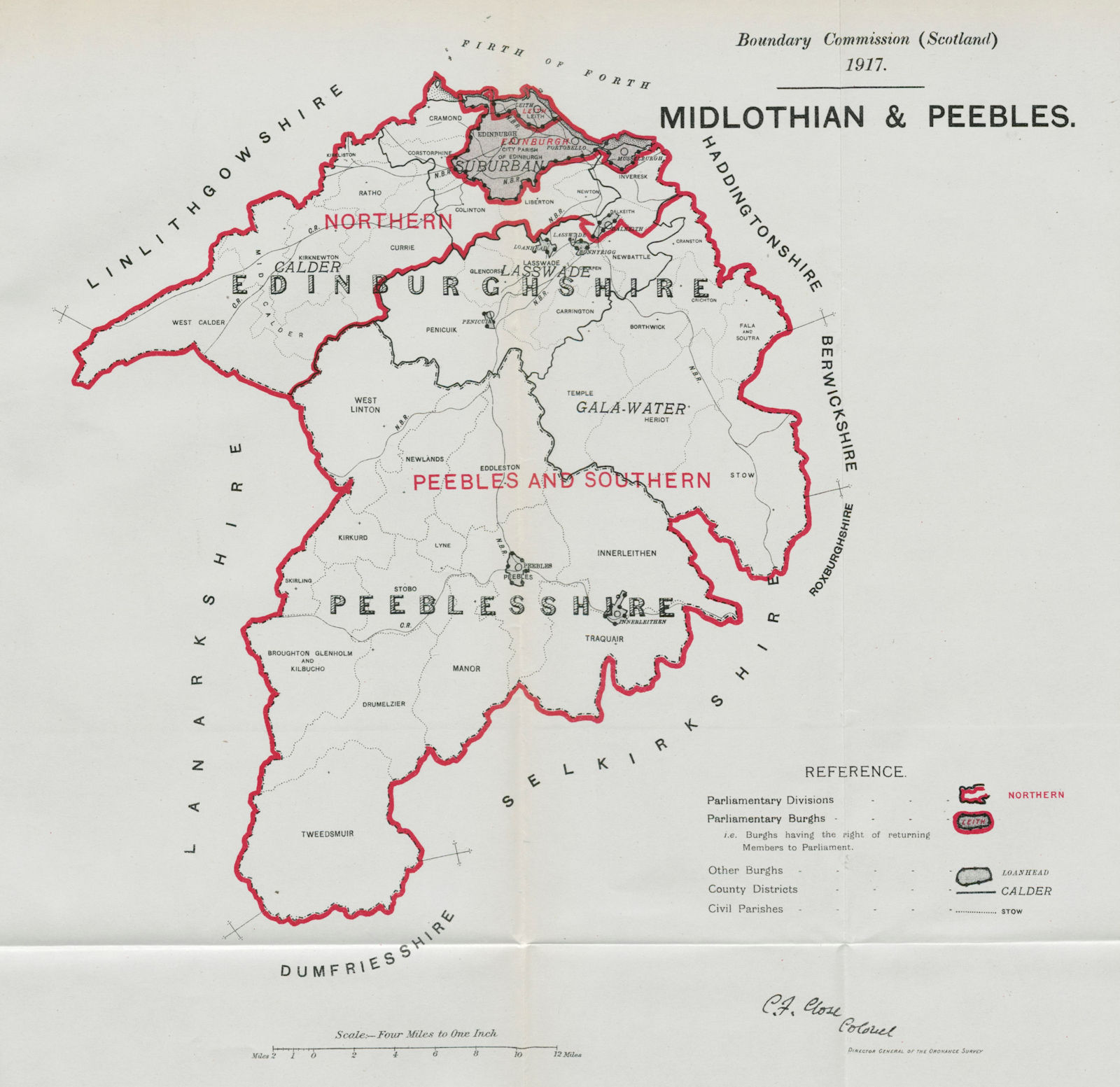 Midlothian & Peebles Parliamentary County. BOUNDARY COMMISSION 1917 old map