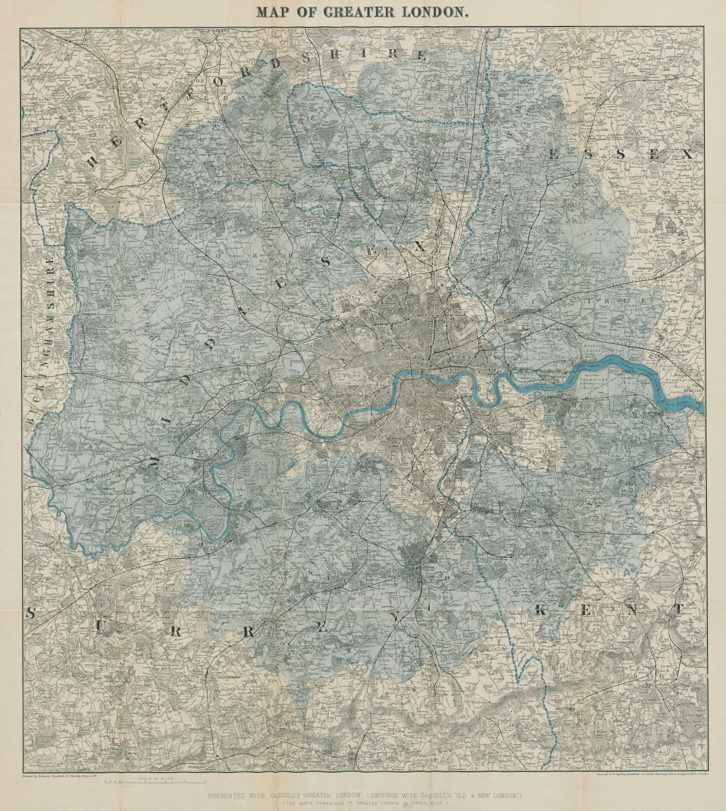 Large folding map of GREATER LONDON by Edward STANFORD. 75x86cm 1888