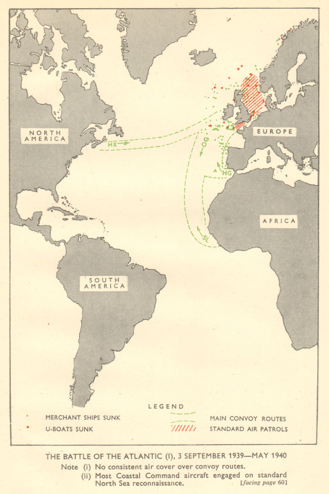 Associate Product Battle of the Atlantic 3 Sept 1939-May 1940. World War 2. RAF. Convoys 1953 map