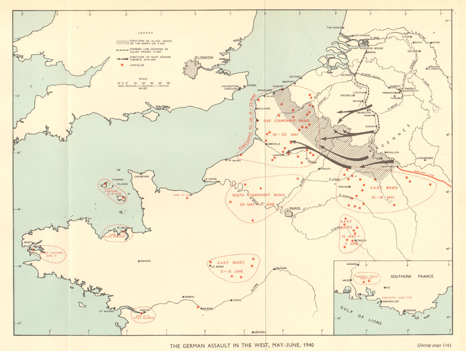 Associate Product German invasion of Belgium and France, May-June 1940. World War 2 1953 old map