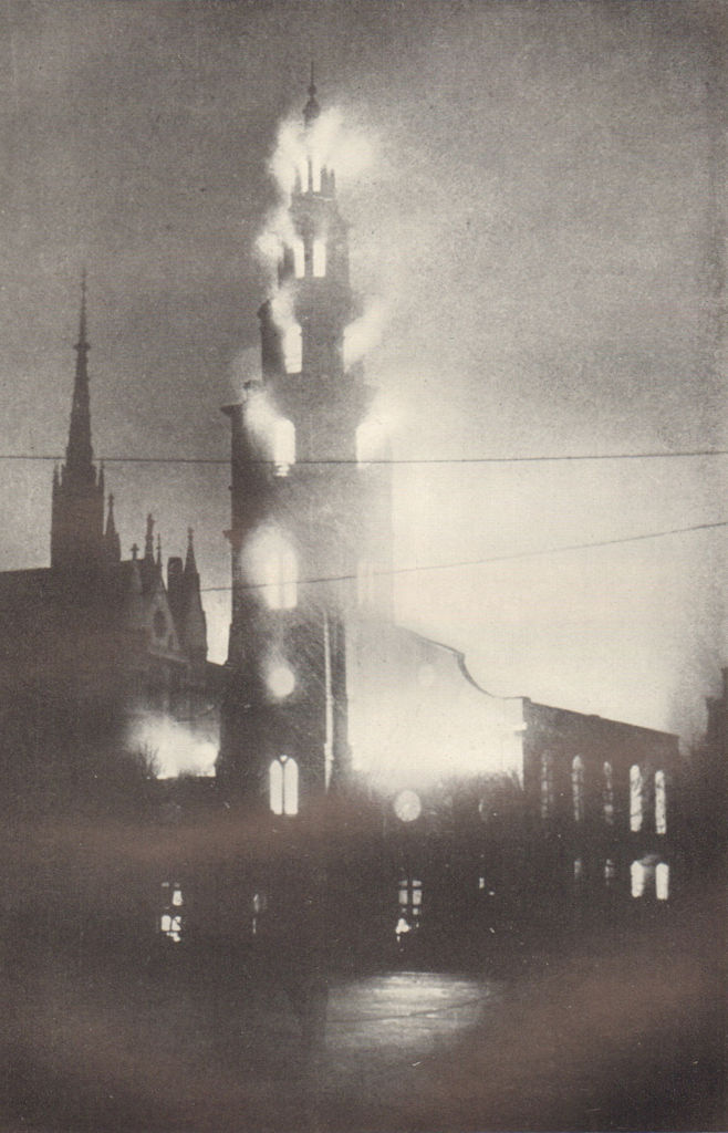 Associate Product St Clement Danes church ablaze 10 May 1941. World War 2. London Blitz 1953