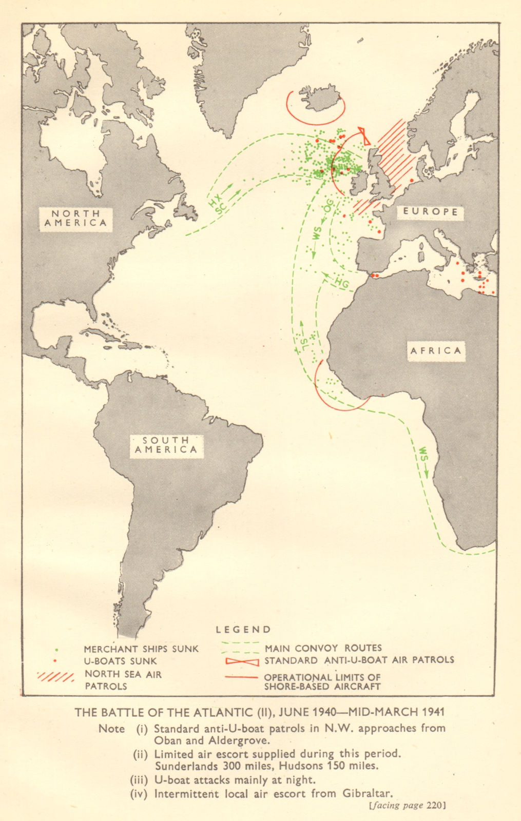 Battle of the Atlantic June 1940-mid-March 1941 World War 2 RAF Convoys 1953 map