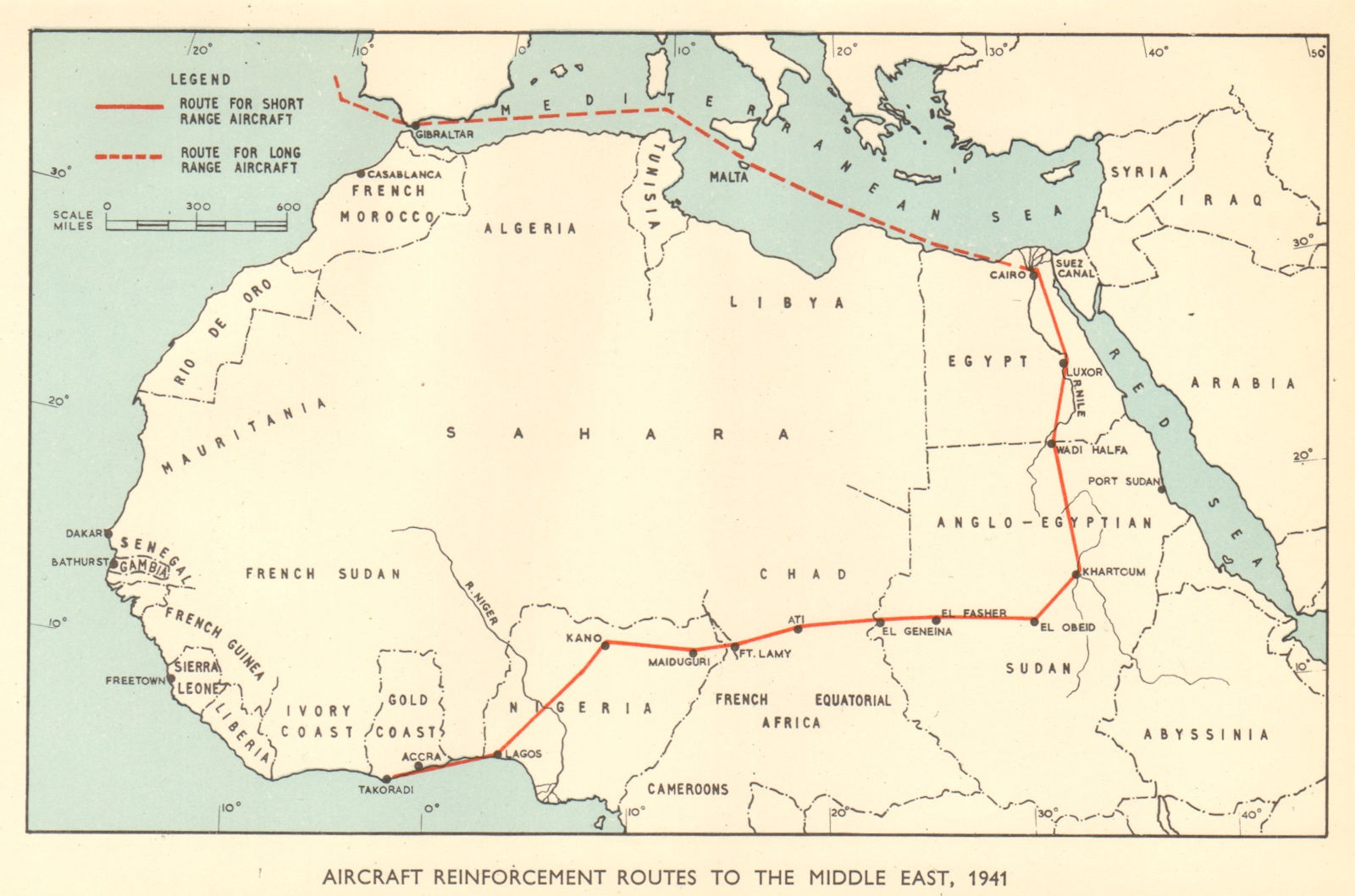 Associate Product Middle East aircraft reinforcement routes 1941 Takoradi WW2 RAF 1953 old map
