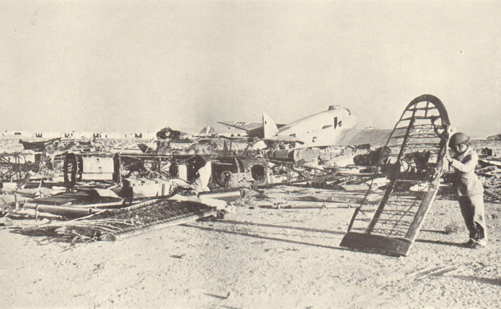 Wrecked Italian aircraft at El Adem, Libya. World War 2 1953 old vintage print
