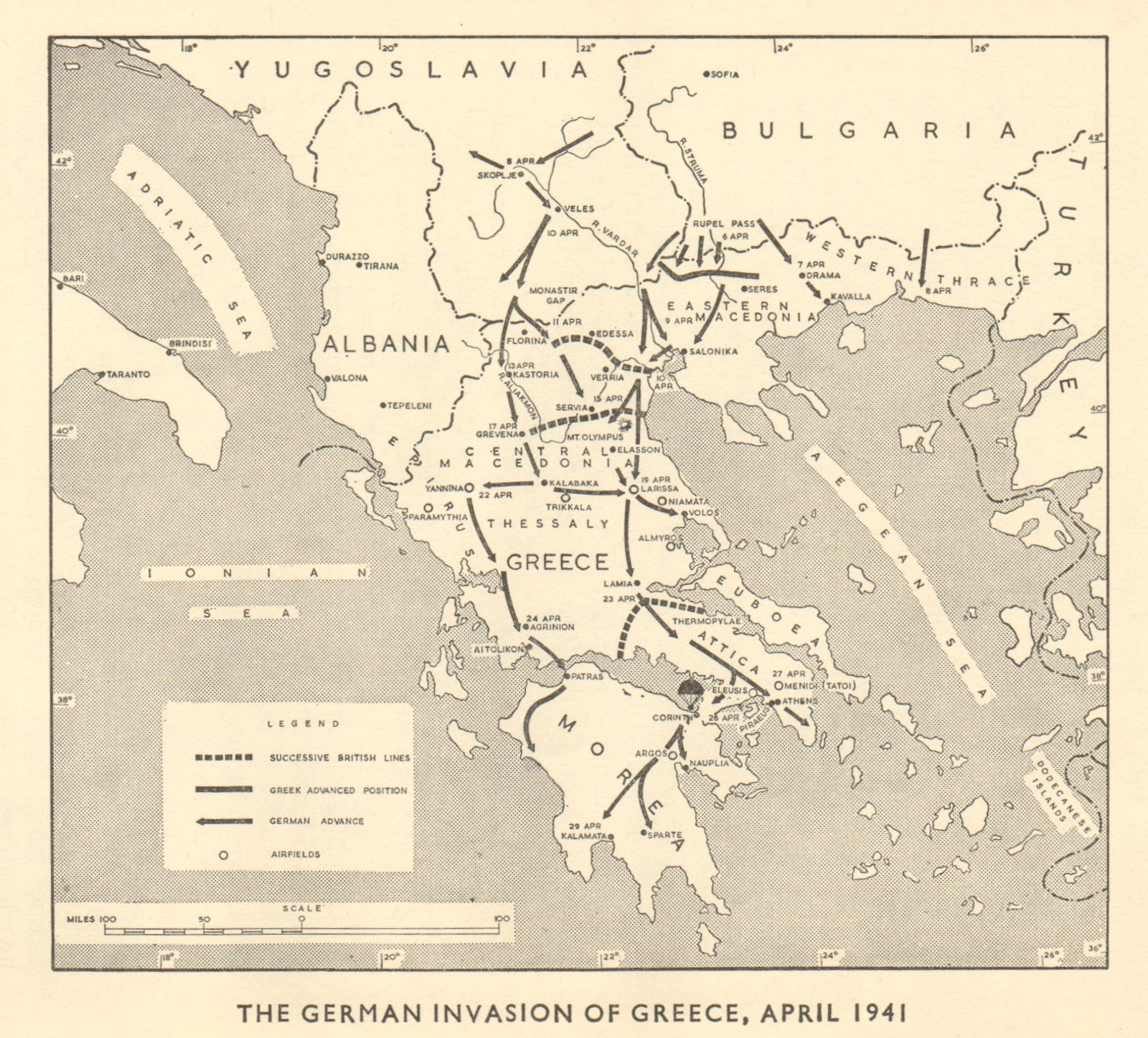 German invasion of Greece April 1941. World War 2. British lines 1953 old map