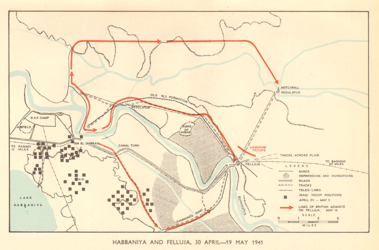 Associate Product Habbaniya & Felluja 30 April-19 May 1941. World War 2. RAF Iraq 1953 old map
