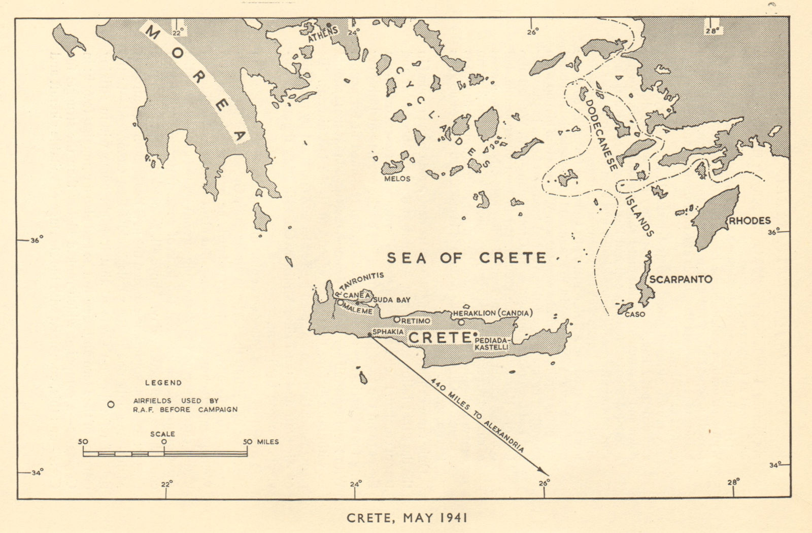 Crete, May 1941. World War 2. Royal Air Force airfields. Greece 1953 old map